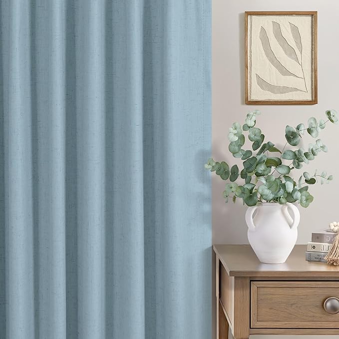 Dusty Blue Drapes 84 Inch Length 2 Panels for Bedroom Aesthetic 100% Blackout Cute Curtains for Nursery Weather Curtain Thermal Insulated Energy Efficient Cotton Linen Back Tab Pleated Stone Blue Grey