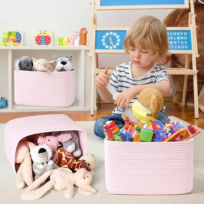 3-Pack Shelf Baskets for Organizing, Woven Storage Basket for Shelves, Cotton Rope Storage Bins for Toys Books, Nursery Towel Baskets for Classroom, 14.96"X9.8"X8.85", Pink
