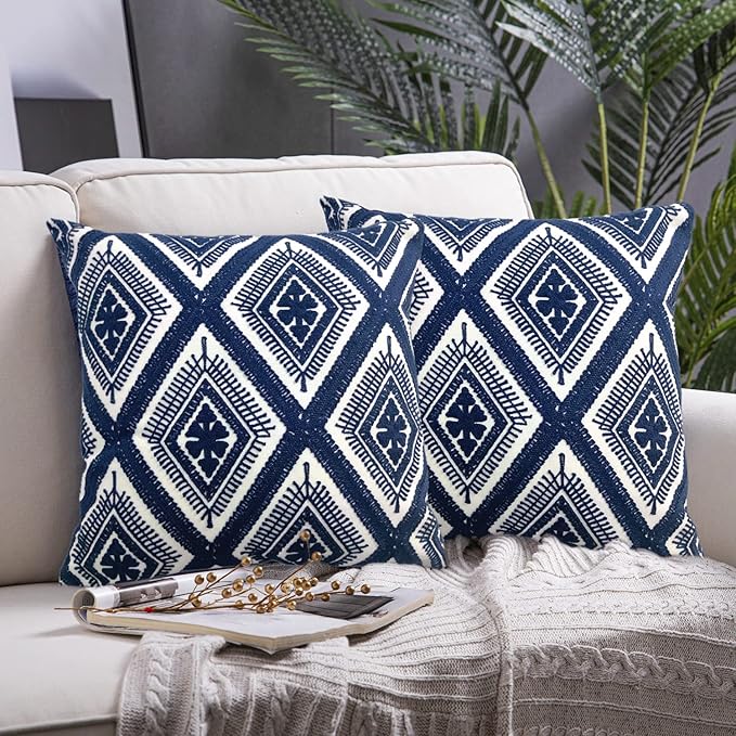 Alysheer Embroidered Decorative Throw Pillow Covers 18x18 inches Set of 2 Pieces, Boho Geometric Modern Chic Classic Pattern Cotton Cushion Cases for Sofa Couch Bed Living Room(Navy Blue)