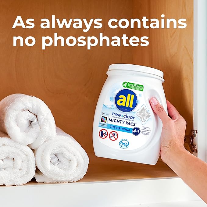 All Mighty Pacs Laundry Detergent, Free Clear for Sensitive Skin, Tub, 60 Count