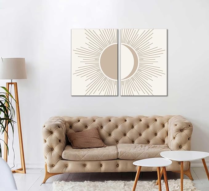 2Pcs Minimalism Boho Canvas Wall art Mid Century Modern Beige and White Sun and Moon Geometric Abstract Painting Pictures Wall Decor Posters Print Artwork for Bedroom Living Room Decoration