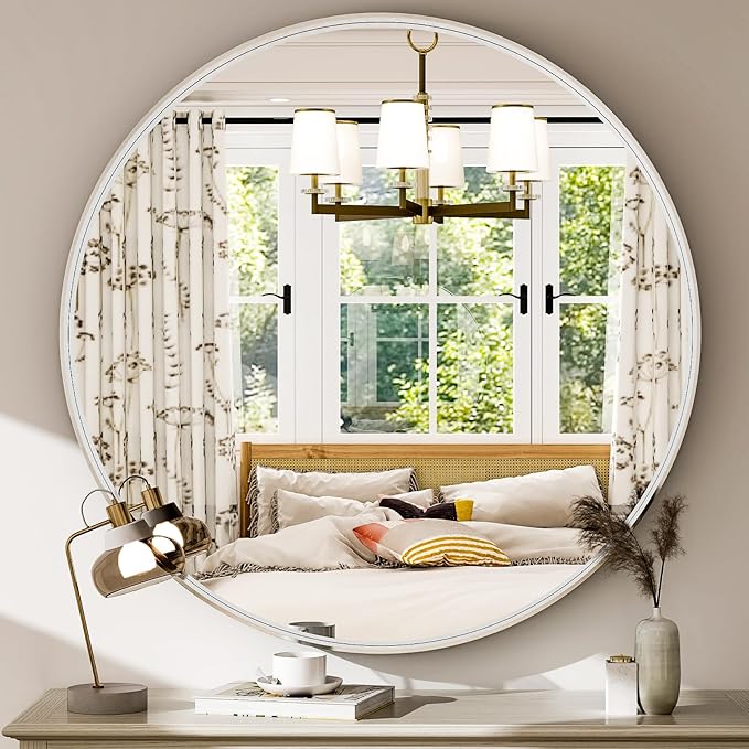 32 Inch Silver Round Bathroom Mirror - Wall Mounted Circle Mirror with Metal Frame, Modern Mirror Suitable for Bathroom, Vanity, Entryway, Living Room, Wall Decor
