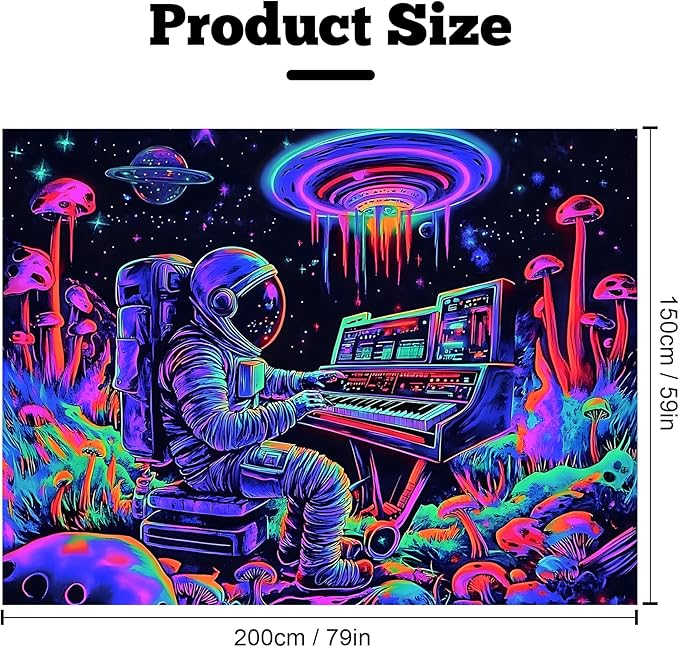 BVBOX Astronaut Space Blacklight Tapestry 79"x59", UV Reactive Astronaut Electronic Piano Universe Galaxy Planet Glow in Dark Music Tapestries, Black Light Neon Upright Poster Wall Hanging Backdrop Decor for Bedroom Living Room