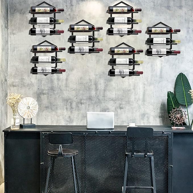 2Pcs Wall Mounted Wine Stemware Rack, Metal Hanging Wine Glass Display Holde Holds 3 Bottles, Elegant Storage for Kitchen Dining Room Bar Wine Cellar