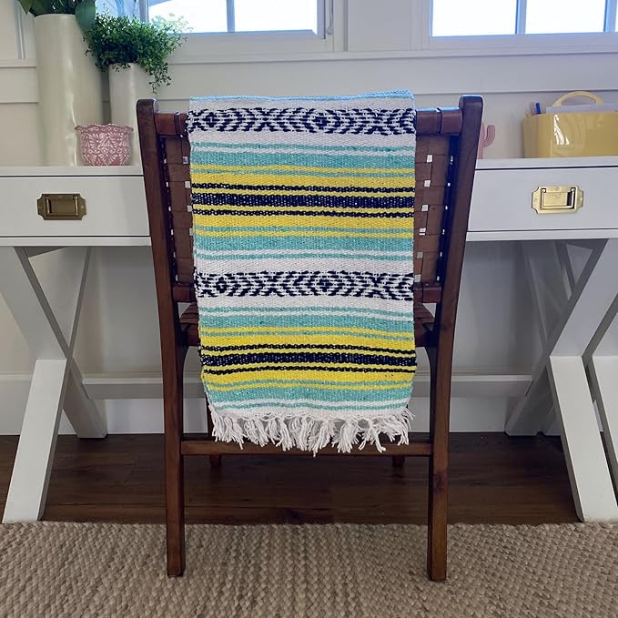 Del Mex Classic Mexican Blanket, Large Authentic Woven Falsa Throw (70"x50"), Artisan Southwest Décor for Beach, Yoga, Outdoors (Mint/Yellow)