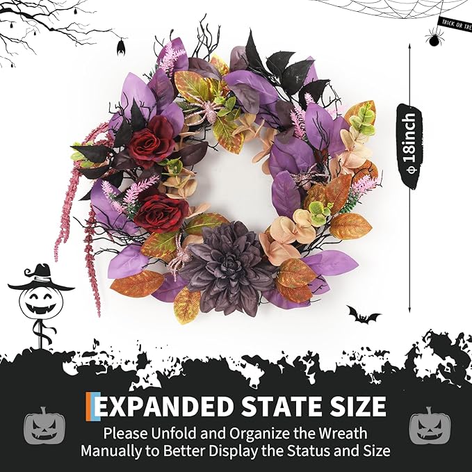 GarveeHome 18 Inch Halloween Wreath, Halloween Garland with Artificial Roses & Spiders, Indoor Outdoor Holiday Accent Decoration for Front Door Porch Wall Home Party Window, Red & Purple