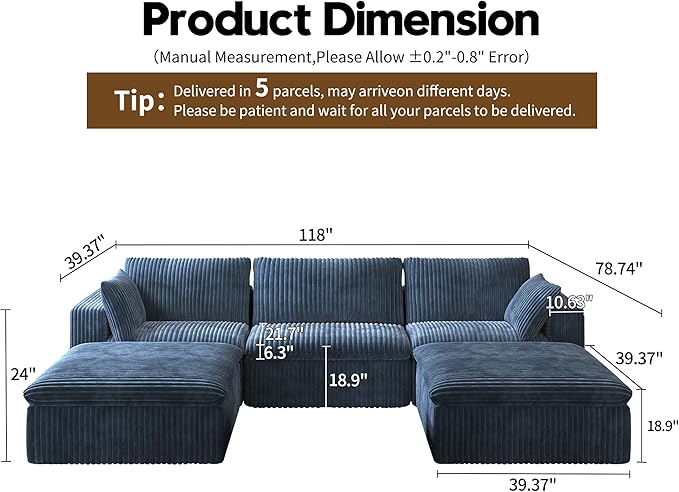 118" U Shaped Modern Sofa Modular Sectional Cloud Couch with 2 Ottoman,Upholstered Couches with Plush Corduroy Fabric for Living Room Furniture,Bedroom and Apartment,No Assembly Required,Blue