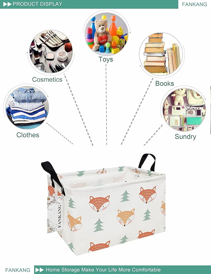 FANKANG Storage Bins, Nursery Hamper Canvas Laundry Basket Foldable with Waterproof PE Coating Large Storage Baskets for Kids Boys and Girls, Office, Bedroom, Clothes,Toys(Rec-Fox ）