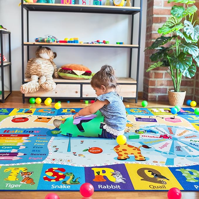 4x6 Playroom Rugs for Kids Washable, Educational and Fun Playmat with ABC Alphabet Animals Shapes Colors, Non-Slip Play Mat Learning Rugs for Baby Toddler Children Game Activity, Blue