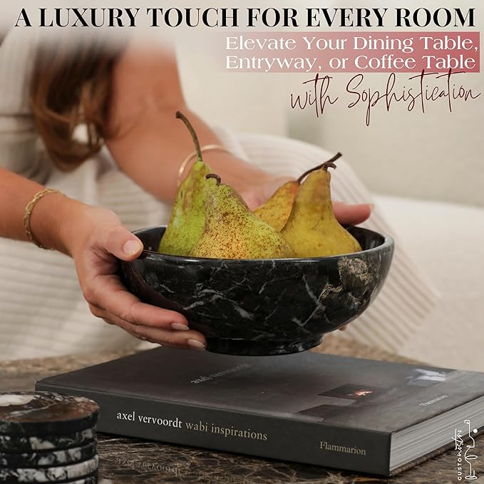 Gusto Nostro 8" Luxury Black Marble Decorative Bowl for Coffee Table - Elegant Modern Fruit Bowl for Kitchen Counter - Heavy Stone Entryway Catch all for Keys, Jewelry, Potpourri Holder Centerpiece