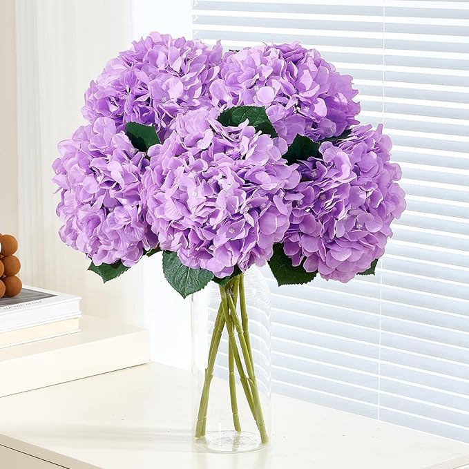 8pcs Lavender Fake Flowers Silk Hydrangea Artificial Flowers Bouquets Faux Hydrangea Stems for Home Table Centerpieces Wedding Party Decoration