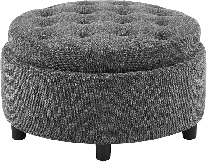 COLAMY Fabric Round Storage Ottoman with Reversible Tray Lid – Multi-Functional Footrest, Hidden Storage, Sturdy & Stylish Small Coffee Table for Living Room, Bedroom, or Entryway(Dark Grey)