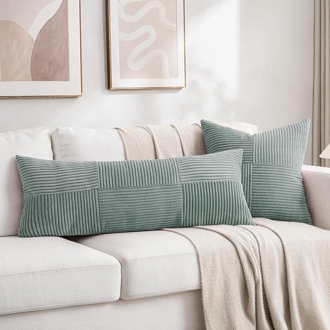 Fancy Homi 2 Packs Grey Blue Decorative Throw Pillow Covers 16x16 Inch for Couch Bed Sofa, Rustic Farmhouse Boho Home Decor, Soft Corss Patchwork Corduroy Textured Square Cushion Case 40x40 cm