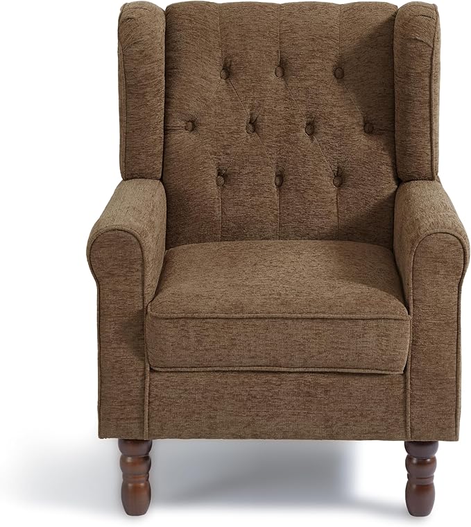 Accent Chair, Upholstered Armchair with Button Tufted High Back & Solid Wood Legs, Comfy Wingback Reading Single Sofa Chair for Small Spaces, Living Room, Bedroom (Brown, Set of 1)