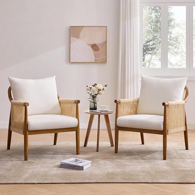 Braid Accent Chair for Living Room Bedroom Reading Room, Rattan Modern Boho Armchair with Solid Wooden Armrest & Frame and Cushions