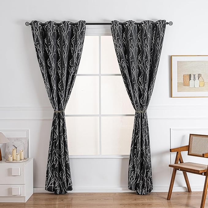 Grommets Blackout Long Window Curtains Black Silver-52W*95L 2PCS Drapes for Bedroom