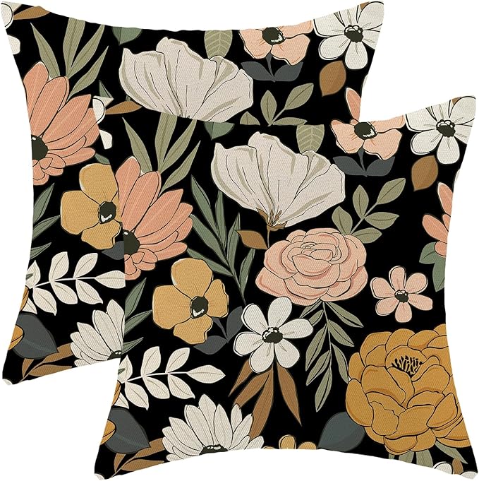 CXMEIFLY Spring Floral Pillow Covers 20 x 20 Inch Set of 2 for Vintage Pink Mustard Yellow Cream Flowers Decor Throw Pillows Plant Black Outdoor Decorative Cushion Cases for Couch Bed Decorations