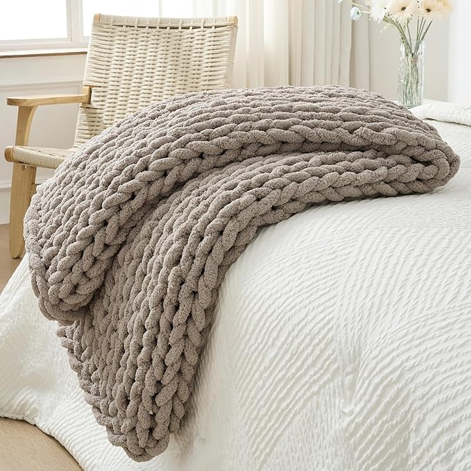 Bigacogo Chunky Knit Throw Blanket for Couch, 40x60 inches, 100% Hand Knitted with Thick Jumbo Chenille Yarn, Cozy Soft Large Rope Knot Cable Crochet Blankets for Sofa Bed Living Room, Taupe