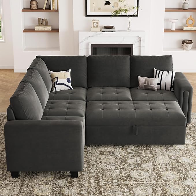 Belffin Modular Sectional Sleeper Sofa with Pull Out Couch Bed Velvet Convertible L Shaped Sectional Couch for Living Room Apartment Grey