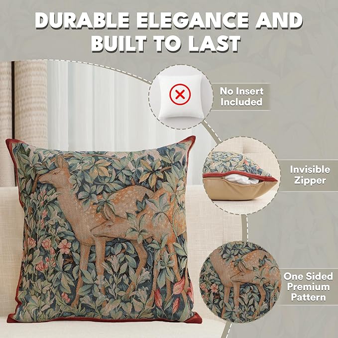 Charlotte Home Furnishings Decorative Tapestry Pillow Cover 19x19 in, Green Does Couch Throw Pillow Cover, French Country Square Cushion Cases for Living Room Home Decor, Soft Cotton Jacquard Woven