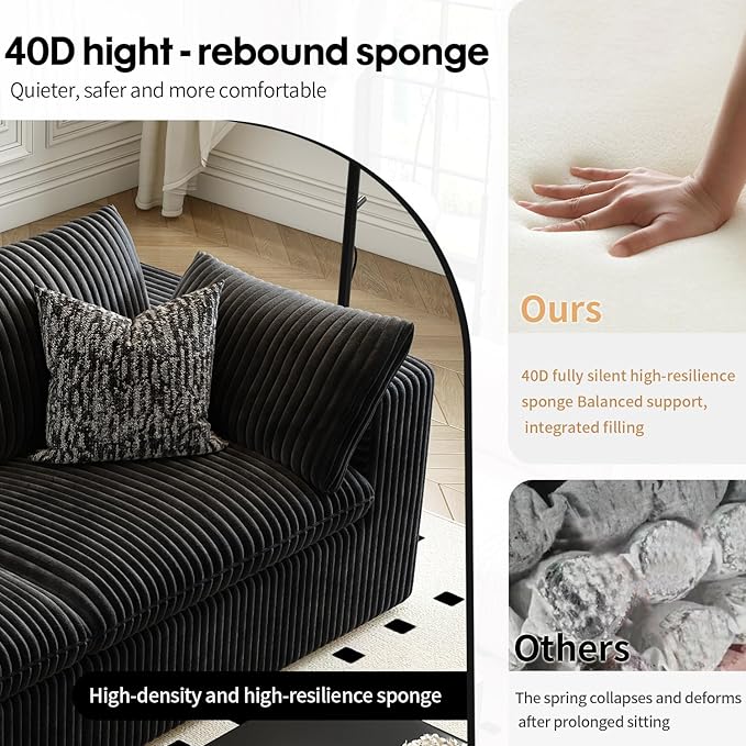 157.5" Cloud Couch Modular Sectional Sofa for Living Room,Modern Sofa with Deep Seat，4 Seater Boneless Couch,Comfy Upholstered Corduroy Couches for Apartment, Studio, Office,Bedroom，Black
