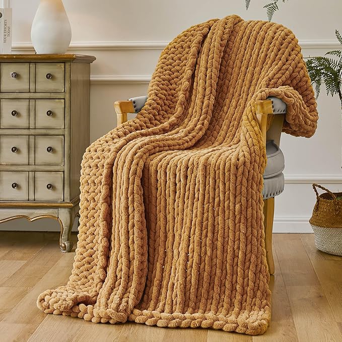 Esterra Chunky Knit Throw Blanket Newly Upgraded Heavy Tighter Version, Handmade Chenille Throw Super Soft, Thick Yarn Cable Knit Crochet Throw Blanket for Couch Bed Sofa (50"x60" Mustard Yellow)