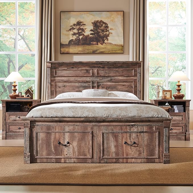 26" Tall Farmhouse Nightstand, 2 Drawers End Table w/Charging Station, 23.6" Wide Large Side Table w/Roman Column, Wood Rustic Sofa Table w/Open Shelf, Bedside Table for Bedroom, Light Brown