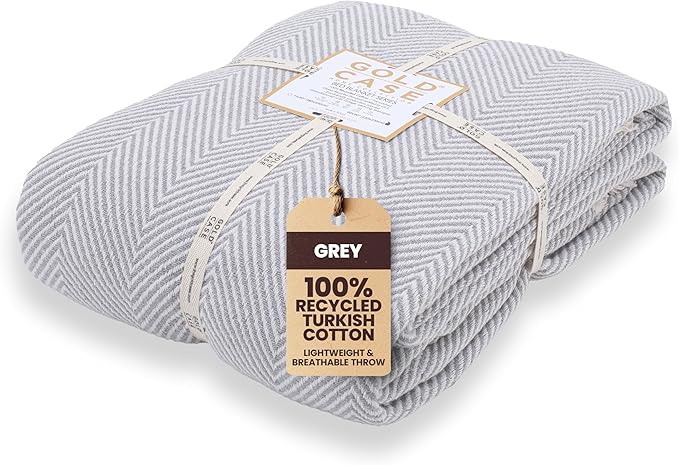 Gold Case Throw Blanket for Bed – 100% Recycled Turkish Cotton Bed Blanket – Decorative Throw Cotton Blankets for Living Room & Bedroom – Elegant Grey Woven Queen Blankets – 90x90