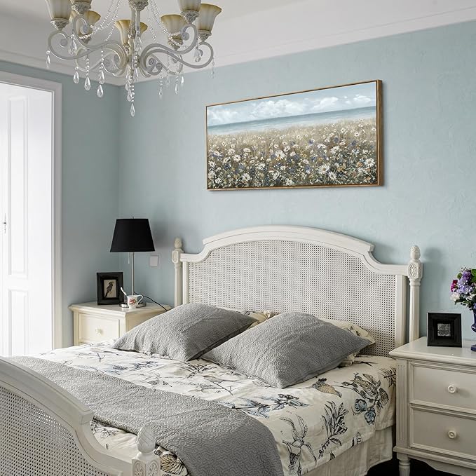 amatop Large Wall Art for Living Room Framed Boho Beach Coastal Floral Ocean Wall Picture Farmhouse Daisy Flower Sea Canvas Print Nautical Neutral Vintage Warm Artwork Home Bedroom Office Decor 48x24