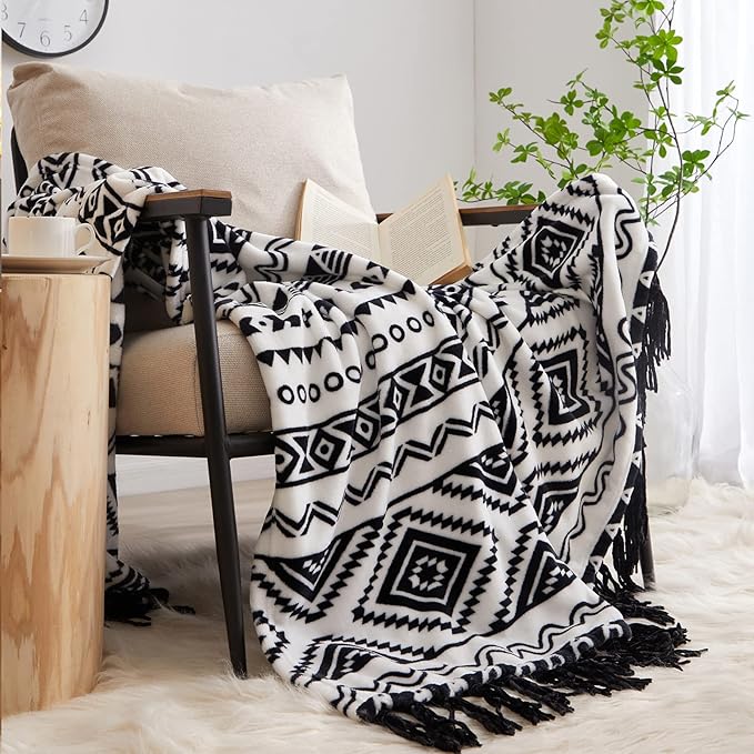 CASAAGUSTO Boho Throw Blanket - Black and White Decorative Blankets with Tassel, Printed Flannel Bohemian Blanket for Chair, Bed, Sofa, Couch(60 * 80, Black and White)