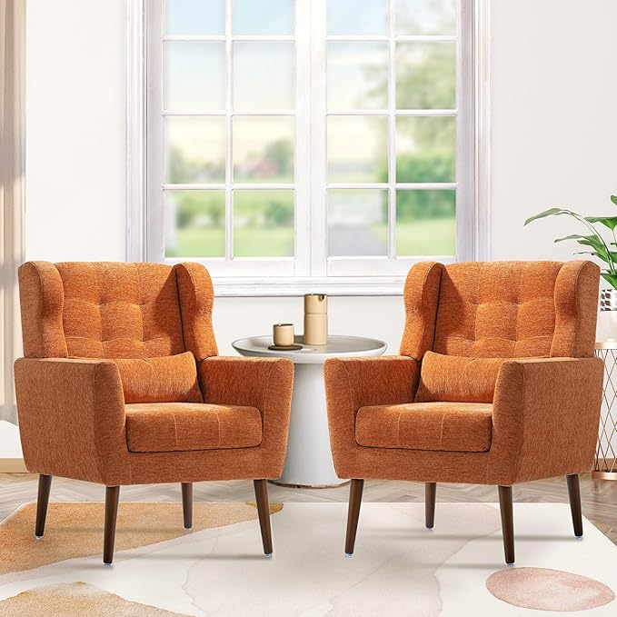 Accent Chair Set of 2, Upholstered Armchair with Pillow, Fabric Single Sofa Chair with Lounge Seat and Wood Legs Accent Chair for Living Room Small Spaces (Orange, Set of 2)