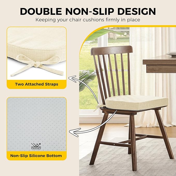 downluxe Indoor Chair Cushions for Dining Chairs, Foam Kitchen Chair Pads with Ties and Non-Slip Backing, 16" x 16" x 2", Beige, 6 Pack
