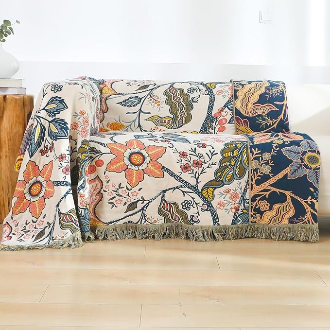 Boho Cotton Throw Blanket - Ultra-Soft Rustic Quilt for Bed, Home Decor & Travel - Large 90"x98" Muslin Blanket - All-Season Lightweight Bedspread & Throw for Women & Moms