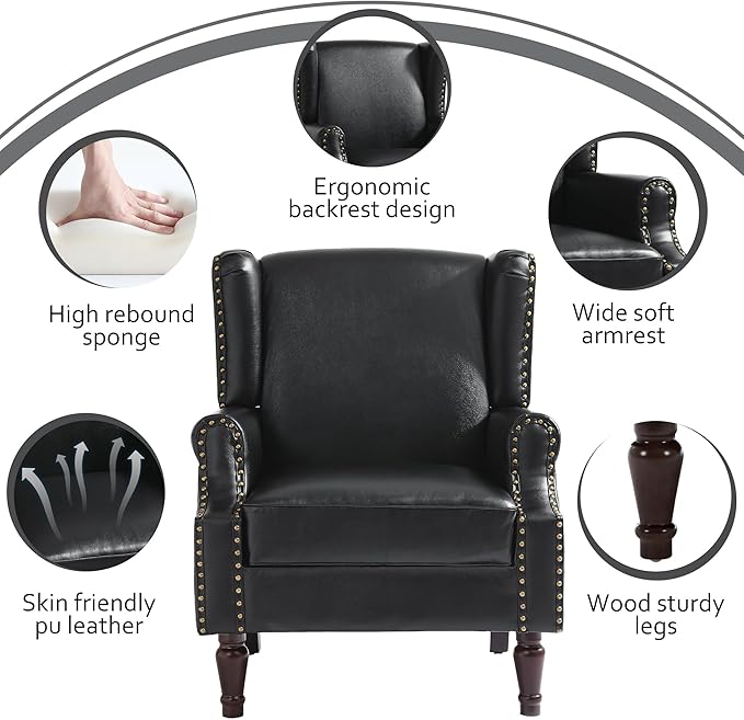 Accent Chair, Faux Leather High Back Armchair or Living Room, Comfy Upholstered Single Sofa Reading Chair with Solid Wood Legs for Office, Bedroom, Waiting Room-Black