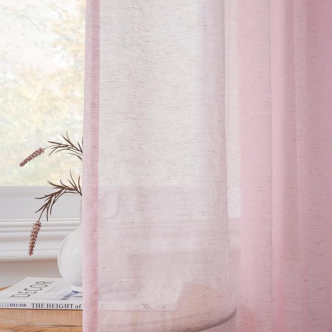 FMFUNCTEX Linen Sheer Curtains for Bedroom, Pink Curtains 63 Inch Length for Living Room, Blush Pink Farmhouse French Flax Blend Window Draperies, Rod Pocket 2 Panels Set