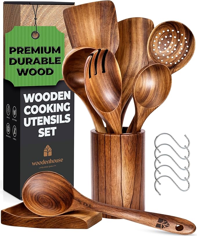 8 Pcs Teak Wooden Utensil Set with Holder, Spoon Rest & 6 Hooks - Durable Wooden Spoons for Cooking with Comfort Grip - Effortless Clean, Non-Stick Friendly