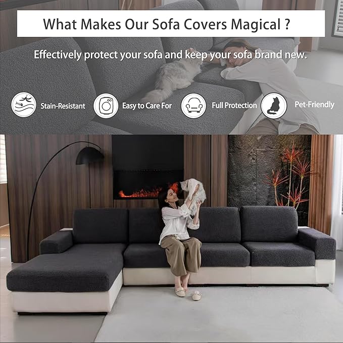 Couch Cushion Covers for Sectional Sofa, Stretch Soft Sofa Slipcovers Washable Wear-Resistant Universal Furniture Protector for Living Room(1 Piece Chaise Cover, Dark Gray)