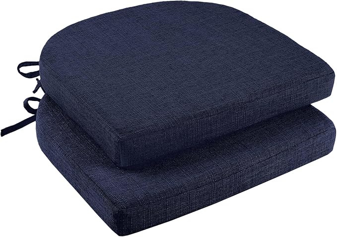 downluxe Indoor Chair Cushions for Dining Chairs, Soft and Comfortable Textured Foam Kitchen Chair Pads with Ties and Non-Slip Backing, 16" x 16" x 2", Navy, 2 Pack