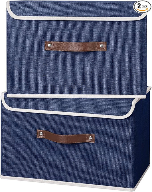 ANMINY 2PCS Storage Bins with Lid PU Leather Handles Storage Boxes PP Plastic Board Decorative Foldable Lidded Cotton Linen Fabric Home Cubes Baskets Closet Organizer Containers - Blue, Large Size