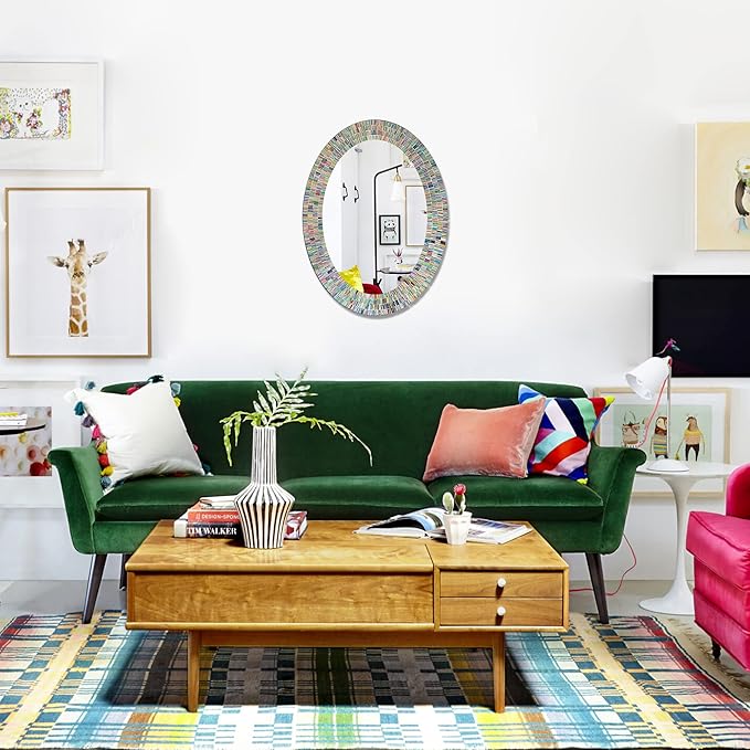 Bohemian Rainbow Wall Mirror -Glass Mosaic Decorative Wall Mirror, Multi Color Spectrum Wall Mountable, Oval Multi-Color Framed Mirror (32 in. x 24 in.)