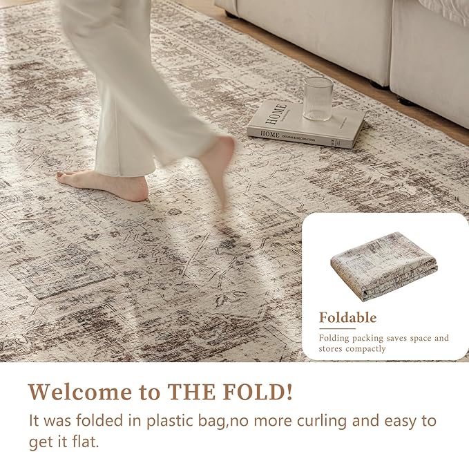 6'x9' Area Rug - Vintage Persian Medallion Design Low-Pile Faux Wool Rug, Non-Slip Backing, Machine Washable, for Living Room, Dining Room, Bedroom (Cream/Taupe)