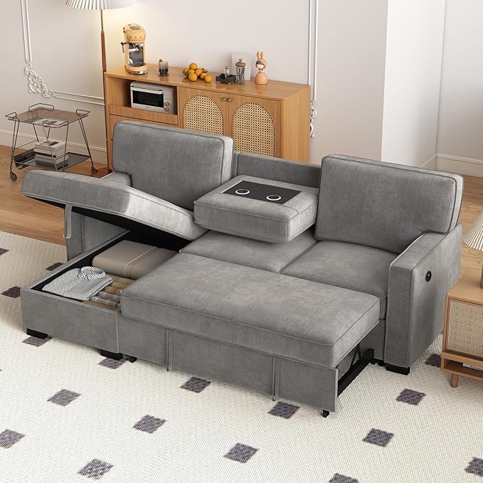 EBELLO Convertible Sleeper Sofa 3 in 1, Chenille Modern L-Shaped Couches for Living Room, Pull Out Sectional Futon Sofa Bed with Storage Space, USB Ports and Cup Holders for Bedroom, Grey