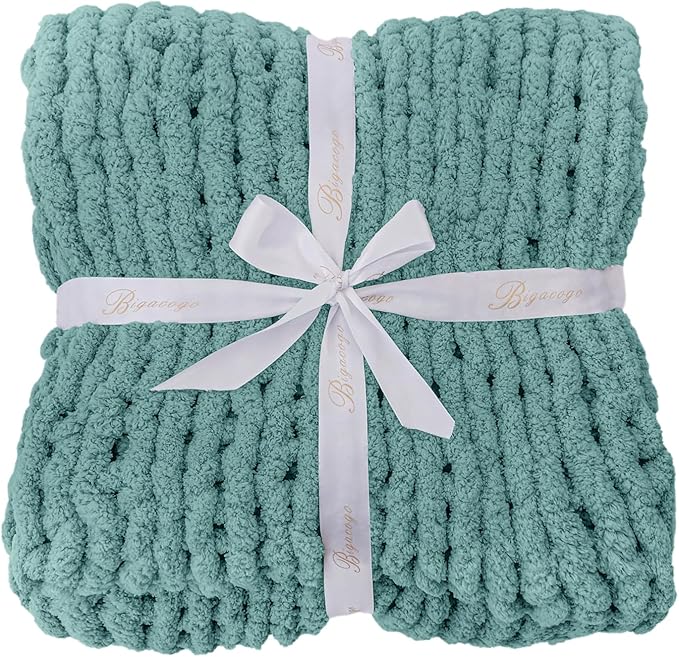 Bigacogo Chunky Knit Throw Blanket for Couch, 40x40 inches, 100% Hand Knitted with Thick Jumbo Chenille Yarn, Cozy Soft Large Rope Knot Cable Crochet Blankets for Sofa Bed Living Room, Light Teal