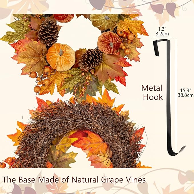 Fall Wreaths for Front Door 16'' Autumn Velvet Pumpkin Wreath with Metal Hook Harvest Maple Wreath Fall Decoration for Home Halloween Thanksgiving Decoration, Briful