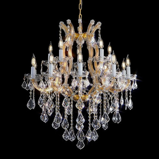 Crystal Chandelier for High Ceilings, Gold Chandelier, 15 Lights Modern Gold Crystal Chandeliers, Large Chandeliers for Staircase Foyer Entryway Living Room, 2 Layers