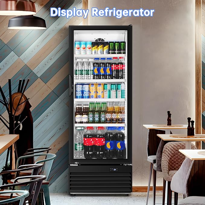 Commercial Beverage Refrigerator, 24.5 Inch 15 Cu. Ft. Drink Fridge, Display Refrigerator with Glass Door, Commercial Display Fridge with 4 Adjustable Shelves, for Shops, Restaurants, Bars