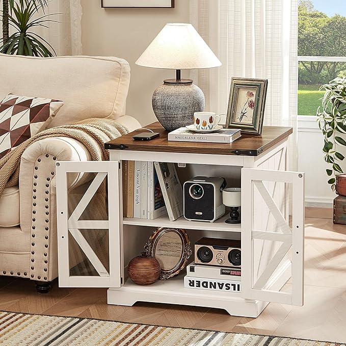 24" End Table with Charging Station, Farmhouse Night Stand with Glass Barn Door, White Nightstands with Adjustable Storage Shelf, Large Wood Square Bed Side Table for Living Room,Bedroom