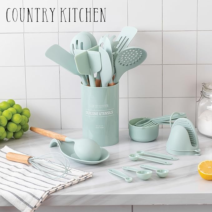 Country Kitchen Non Stick Silicone Utensil Set with Rounded Wood Handles for Cooking and Baking, 38 Piece Set, Mint