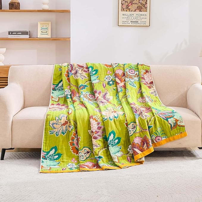 Fall Throw Blanket, 100% Cotton Soft Rustic Boho Throw Blanket for Bed, 60"x80" Farmhouse Decor Bed Flower Blankets, Light Weight Reversible Bohemian Throw Quilt