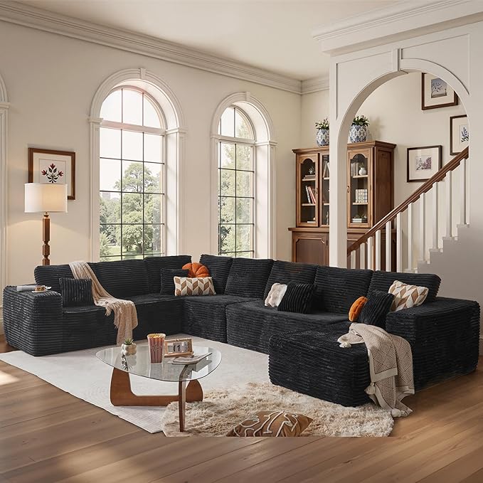 Cloud Sectional Couches for Living Room,U Shaped Modular Sofas No Assembly,165x107 Inches Plush Corduroy Oversized Floor Couch Set with Deep Seat Chaise,Black